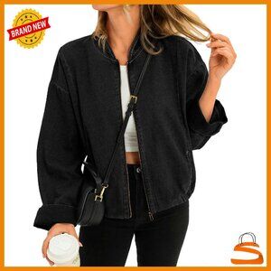 Lightweight Denim Bomber Jacket Zip Up Casual Shacket Women's Outerwear